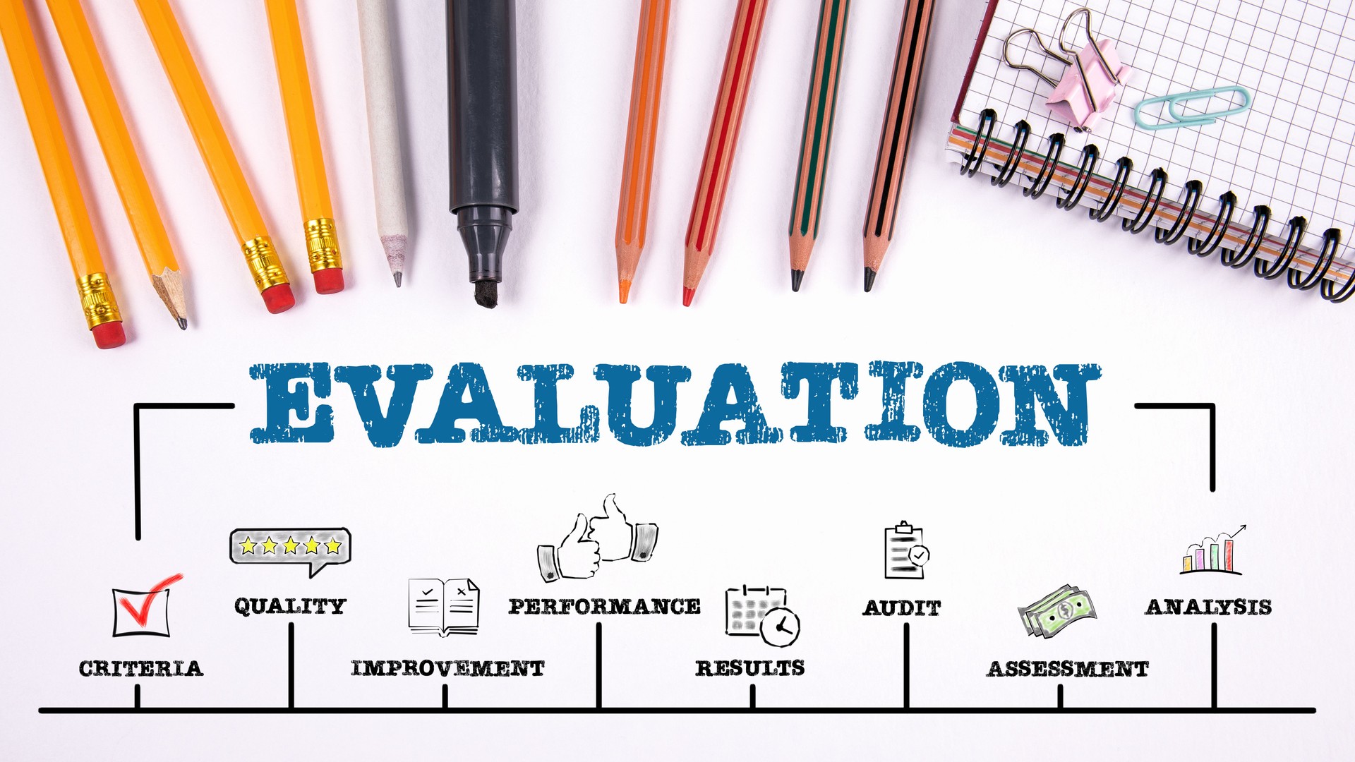 Evaluation concept. Chart with keywords and icons